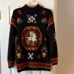 Festive Black and Brown Crewneck Rafaella Sweater Size S
